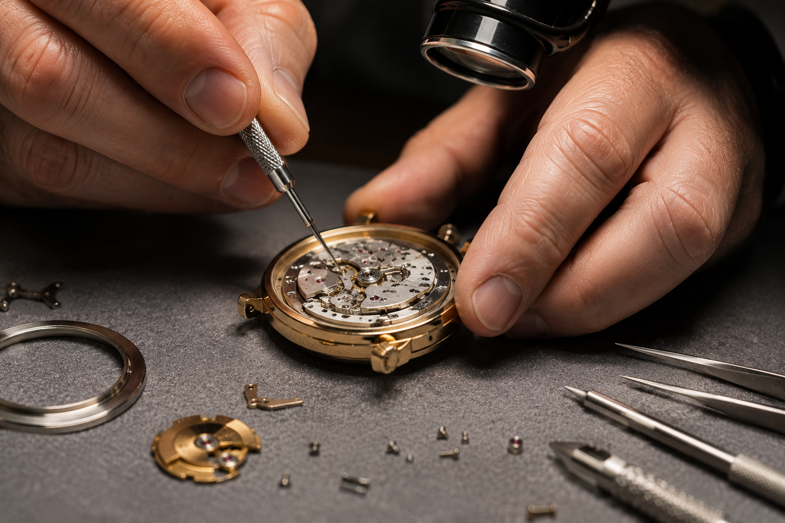 Watchmaker professionally servicing an open watch