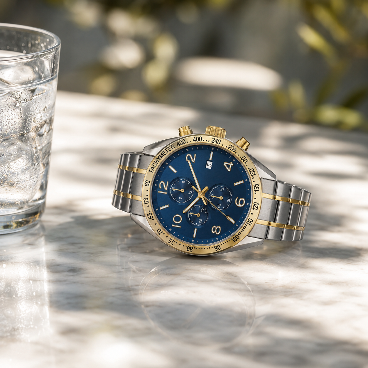 Two-tone chronograph watch on a sunlit surface