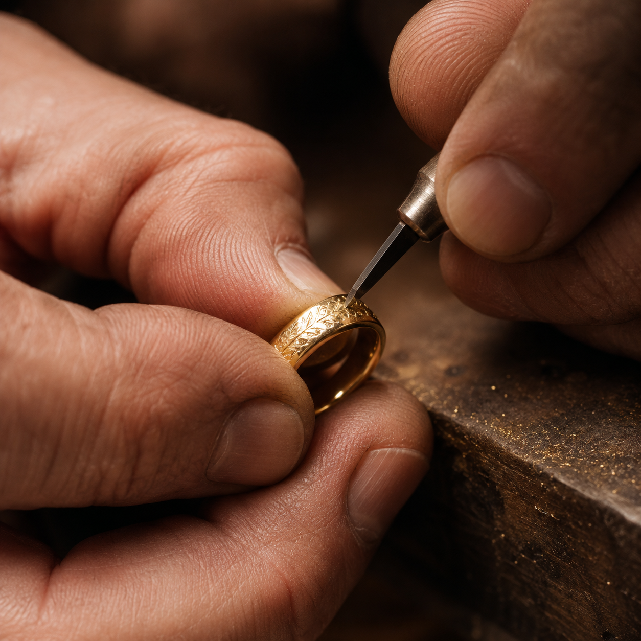 Jeweler engraving a yellow-gold ring