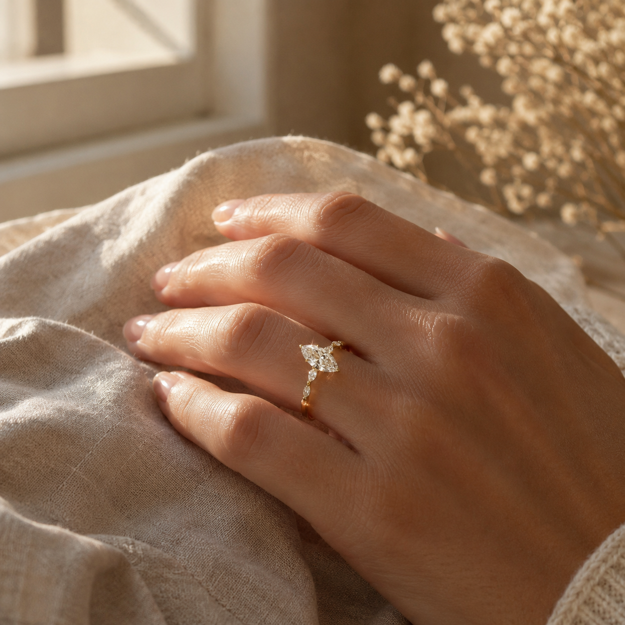 Engagement ring worn on a hand resting on linen
