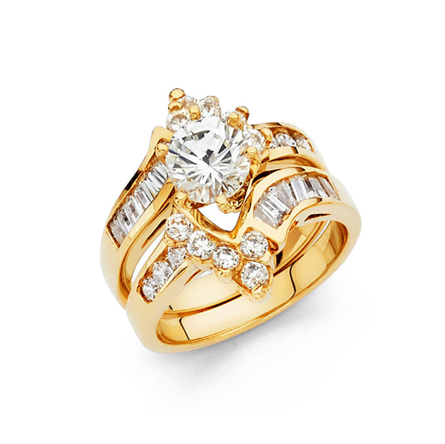 Yellow gold bridal ring set with round and baguette-cut CZ accents